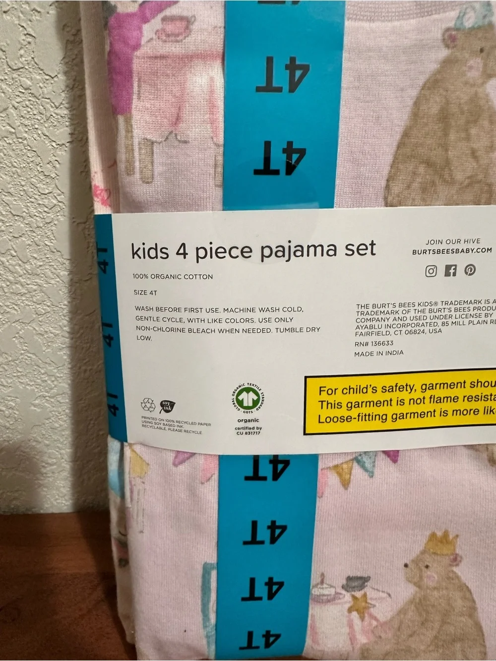 Burt's Bees Pink Kids Tea Party Pajama 4-Piece Set NWT
